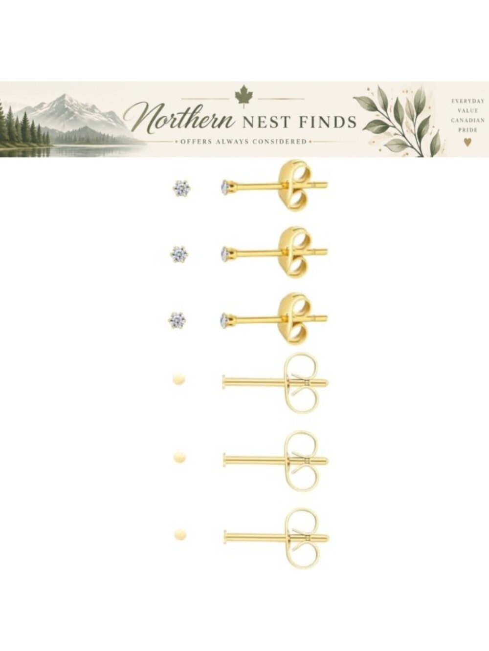 6 Pairs Surgical Steel Stud Earrings 14K Gold Filled Hypoallergenic Set